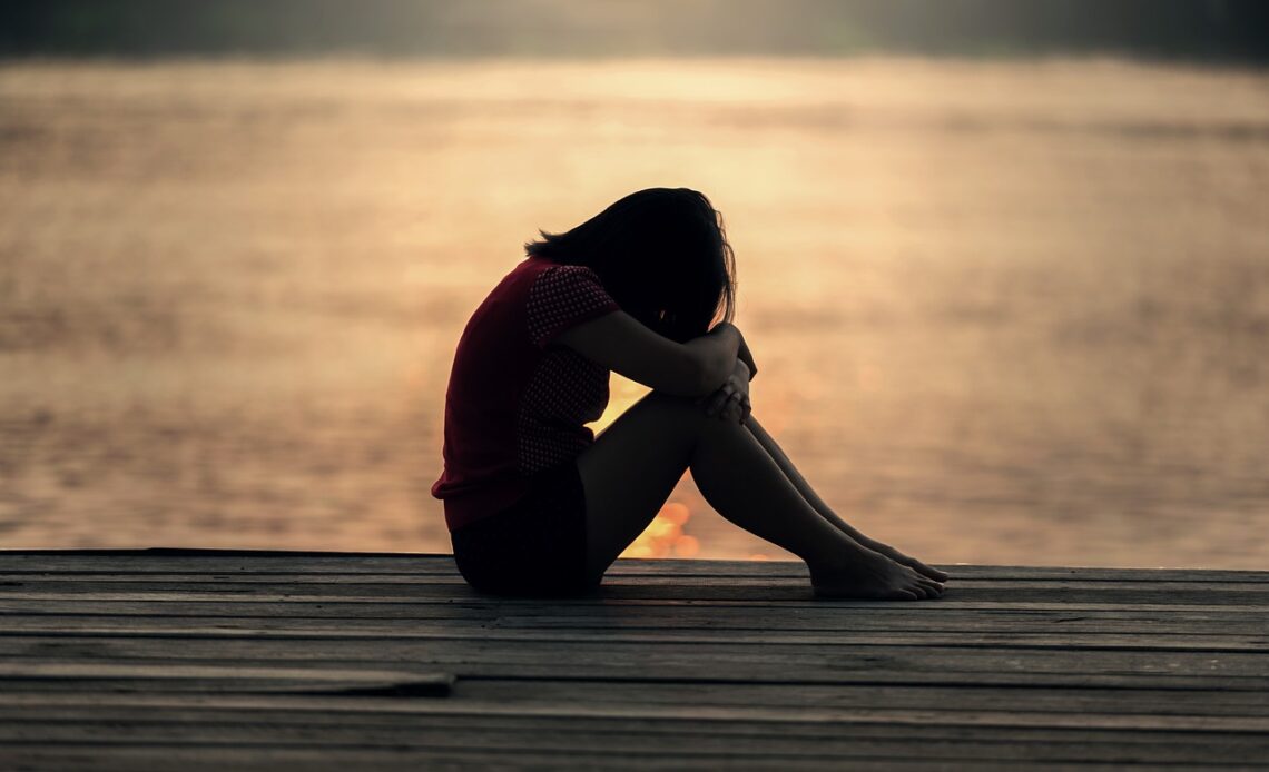 girl, sitting, jetty