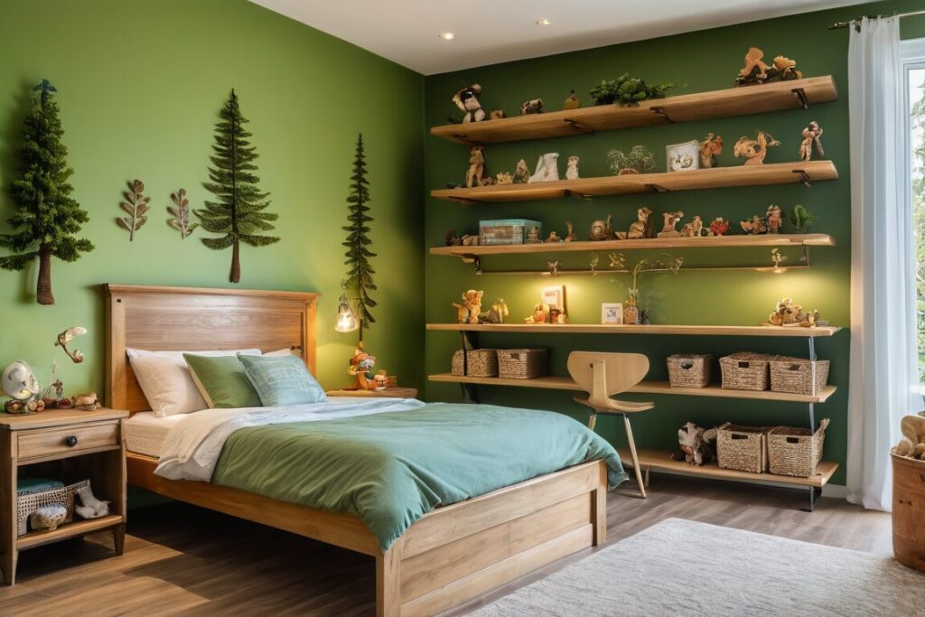 a bedroom with a bed and shelves